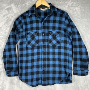 LL Bean Vintage Mens Blue Black Buffalo Plaid Wool Flannel Shirt L 16-16.5 USA